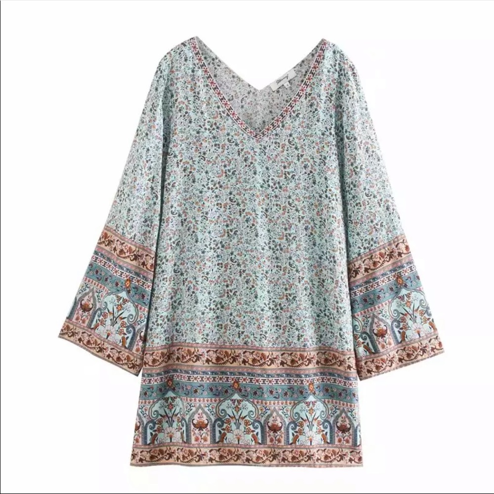 Boho Floral Gypsy Print V Neck Tunic Dress - Picture 3 of 6